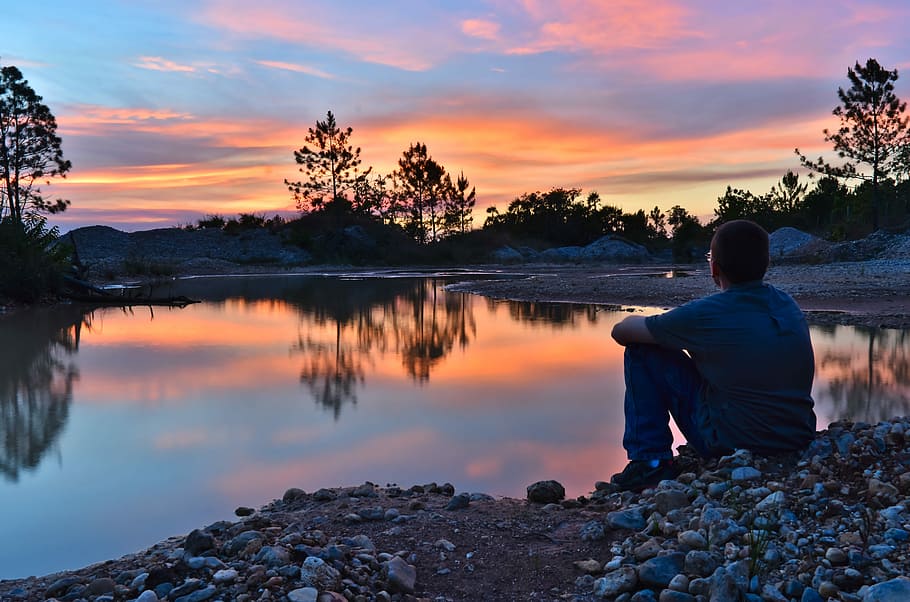 boy, sitting, relax, nature, water, sky, outdoors, lake, tree, landscape