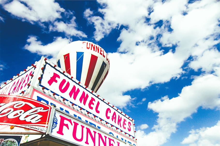 funnel, cakes storefront, daytime, person, taking, cakes, signage, funnel cakes, dessert, blue
