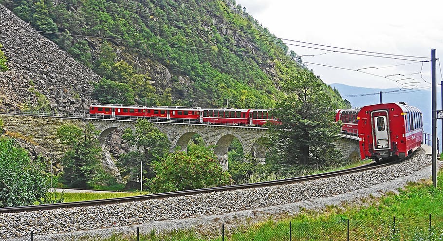 train, traveling, body, mountain, bernina railway, sweeping viaduct, brusion, bernina, observation car, sight-seeing