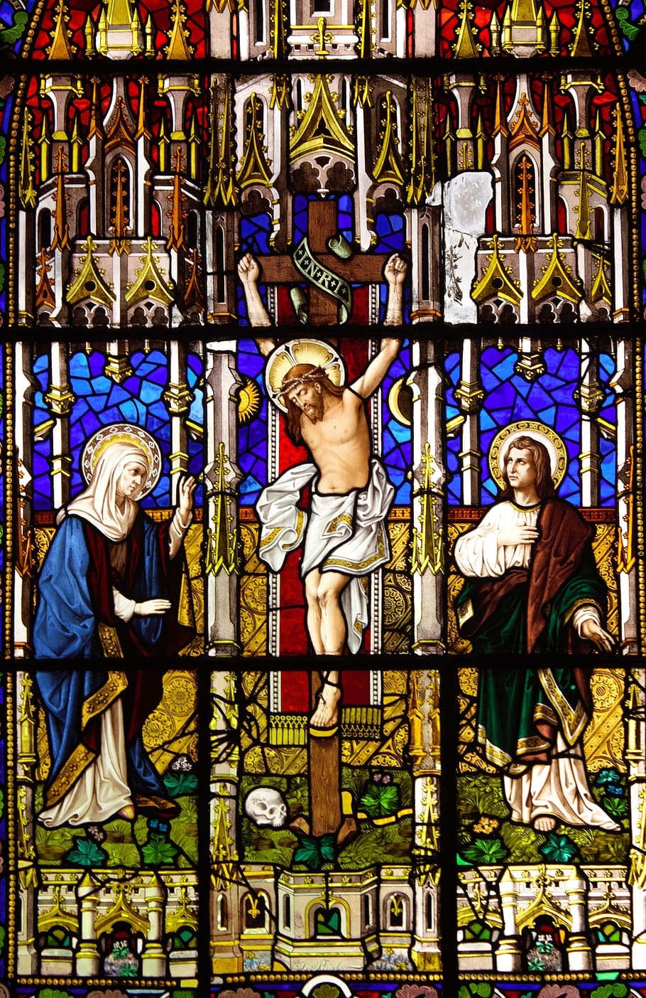 jesus, cross, church window, castell de santa florentina, catalonia, crucifixion, christianity, representation, human representation, art and craft