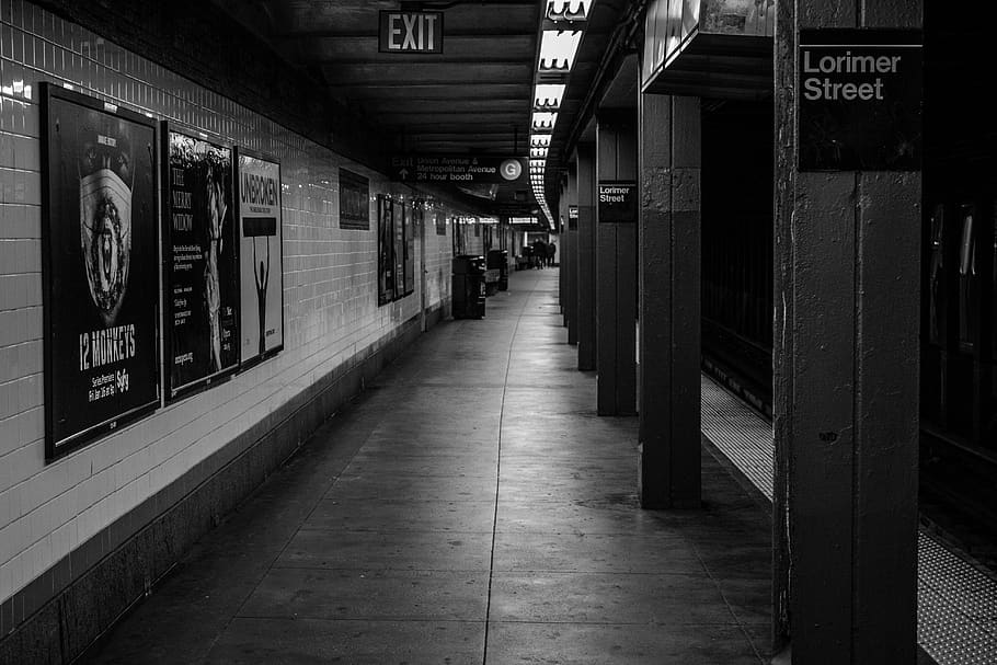 nyc, subway, underground, transportation, platform, new york city, urban, black and white, architecture, communication