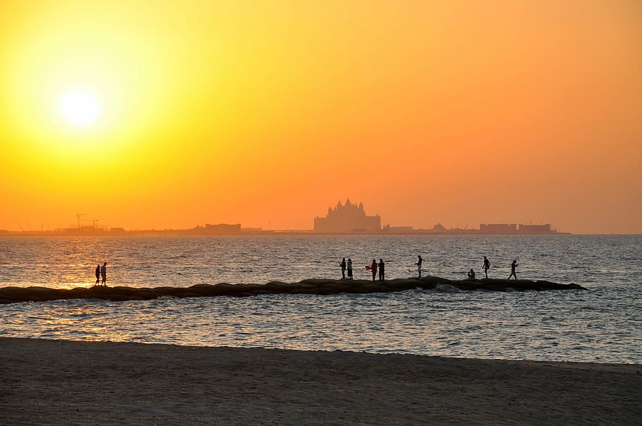bersatu, emirat arab, Matahari Terbenam, Pantai, Dubai, Uni Emirat Arab, UEA, senja, foto, samudra
