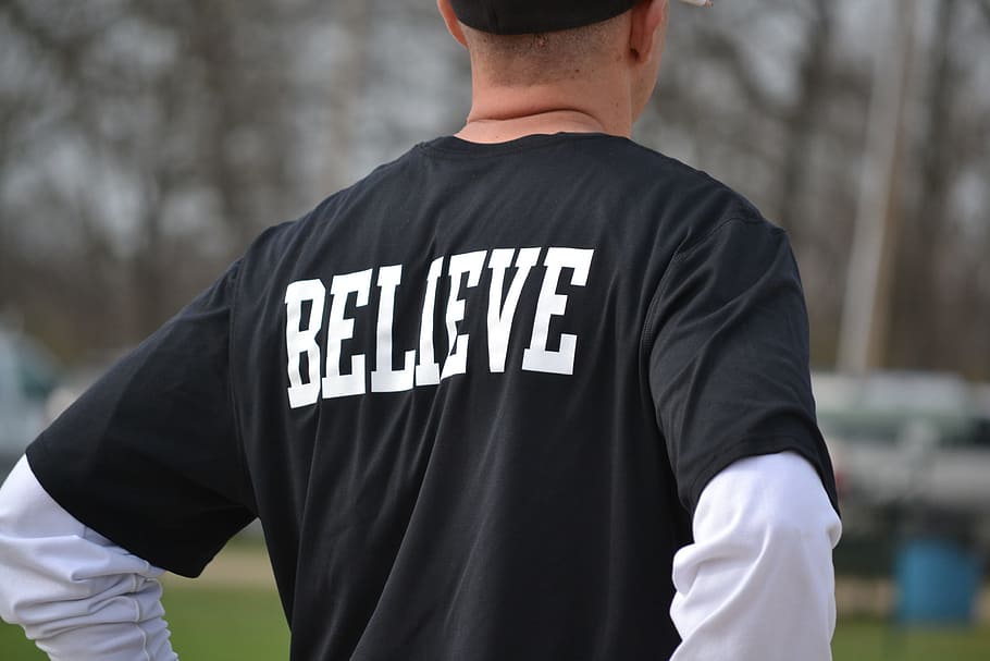 back, view, man, black, believe-printed shirt, man in black, Believe, printed, shirt, male