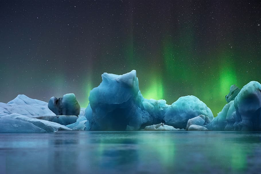landscape, ice, aurora borealis, cold, glacier, blue, night, cold temperature, water, winter