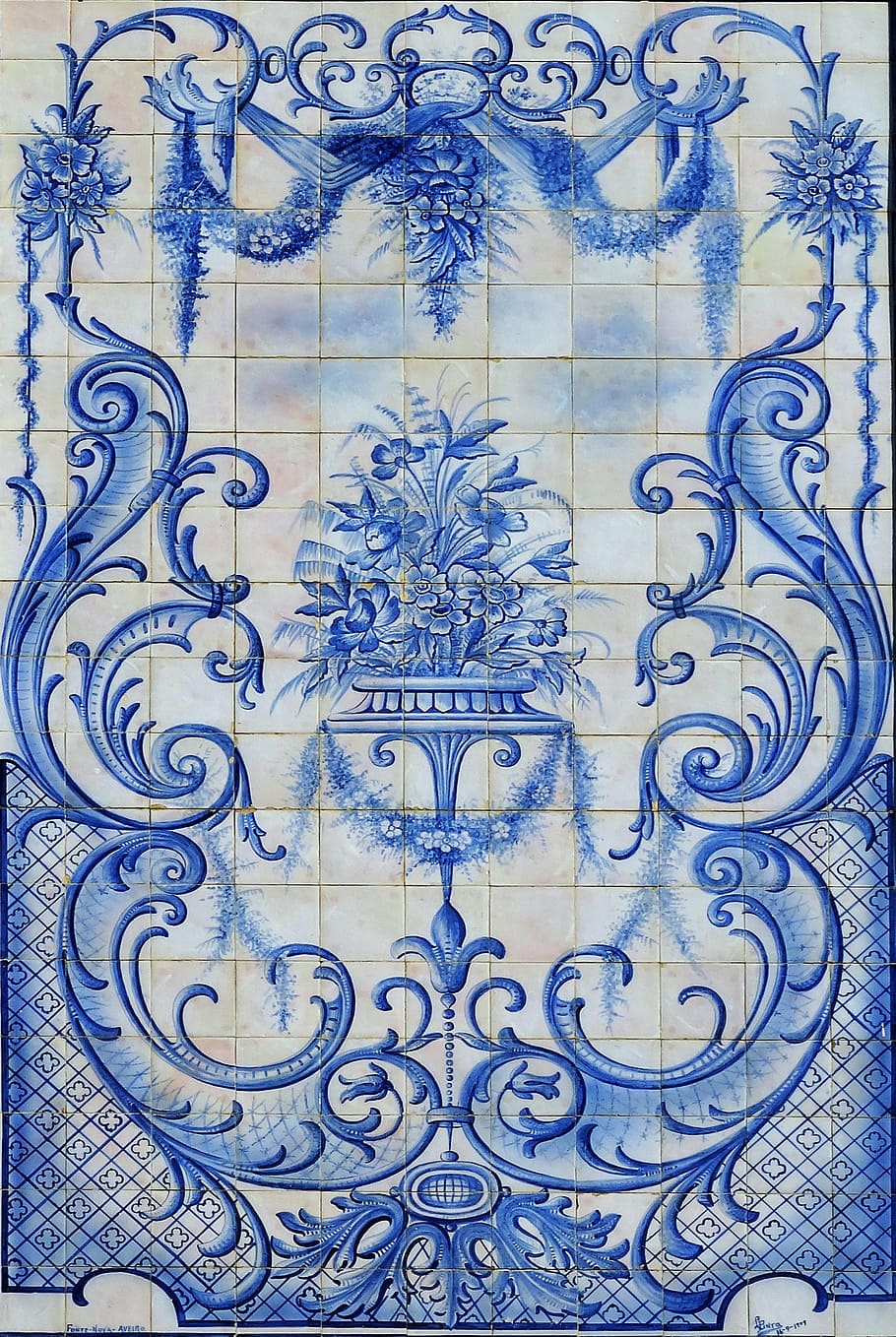 blanco, azul, cerámica, azulejos, portugal, aveiro, artesanías, patrón, diseño, fotograma completo