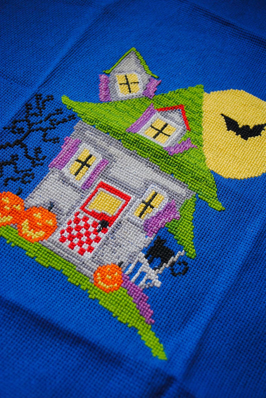 embroidery, bright, house, halloween, mansion, needlework, hobby, floss, handmade, multi colored