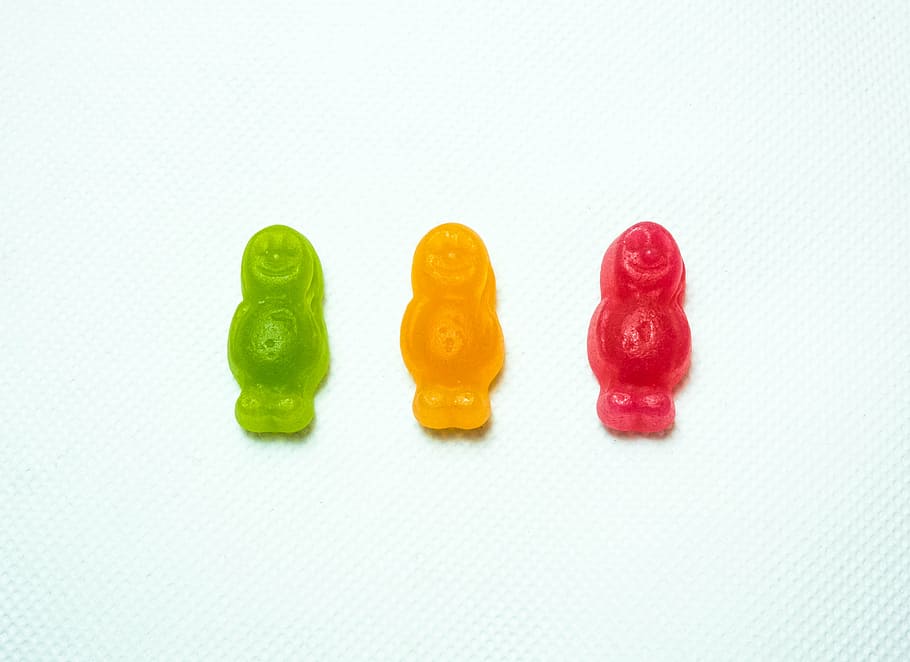 three, assorted-color person figures, white, surface, gummy, bear, fruit, candy, food, white background