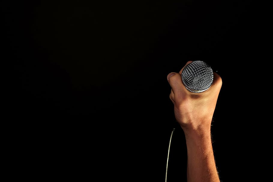person, holding, corded, microphone, hand, mic, hold, fist, isolated, black