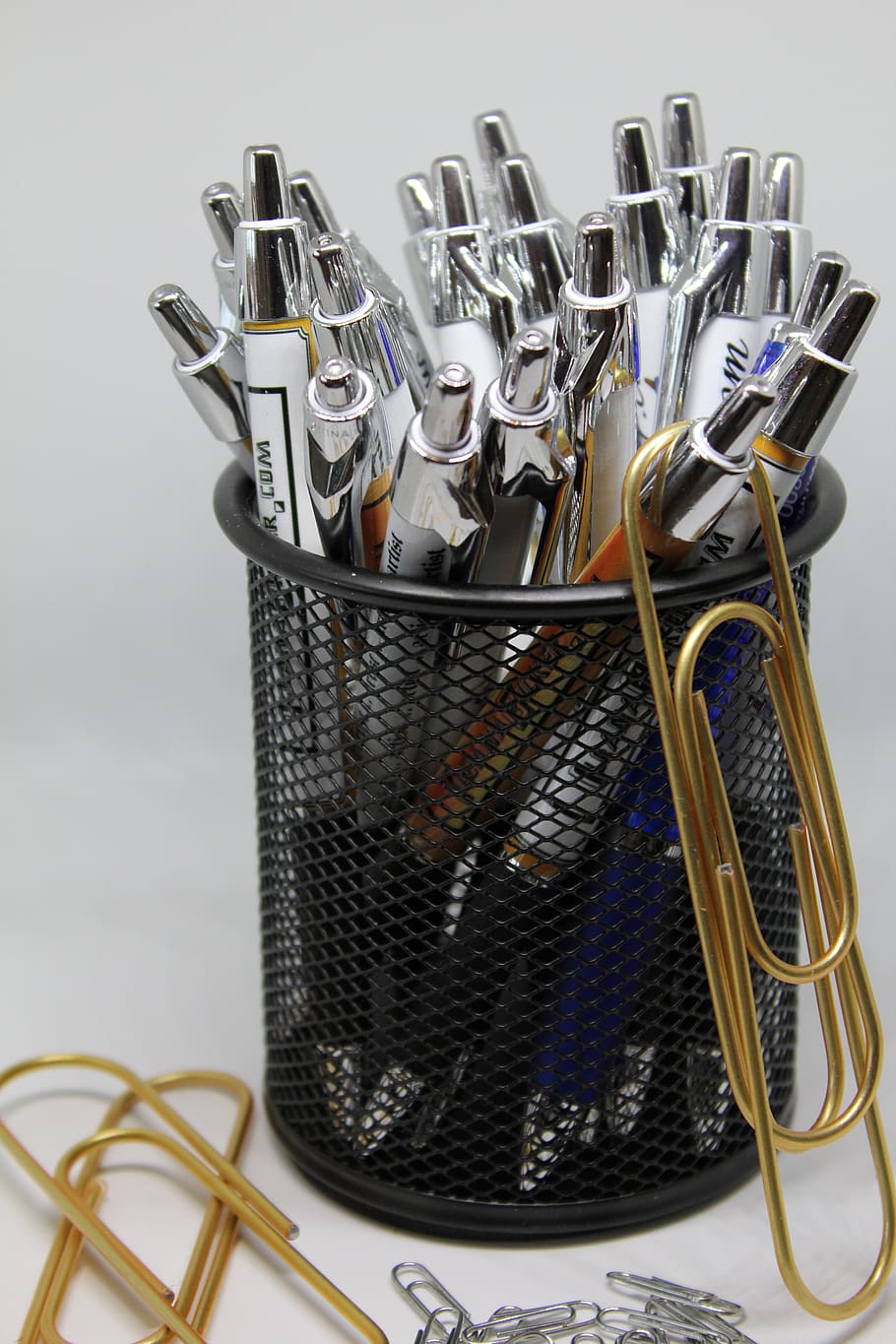 paperclip, pens, holder, clip, office, office accessories, office supplies, office equipment, still life, large group of objects