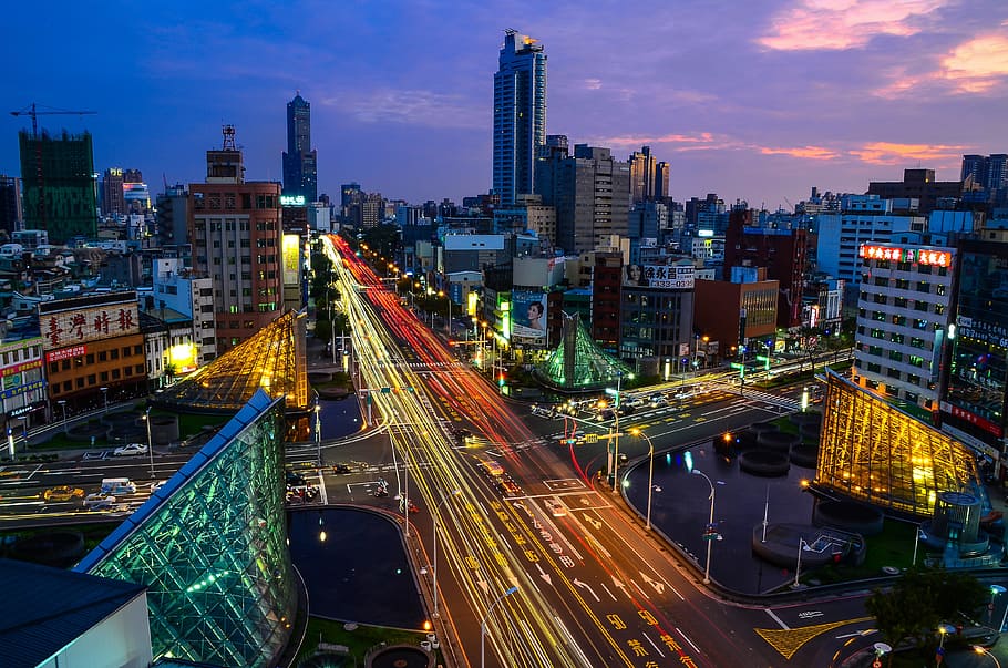 aéreo, fotografía, luces de la ciudad, noche, el paisaje urbano, kaohsiung, áreas metropolitanas, taiwán, ciudad, vista nocturna