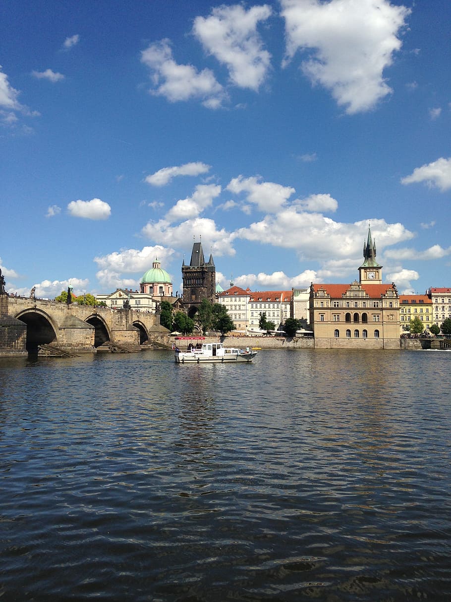 Charles Bridge, Vltava, Prague, Steamer, river, bridge, architecture, cloud - sky, water, building exterior