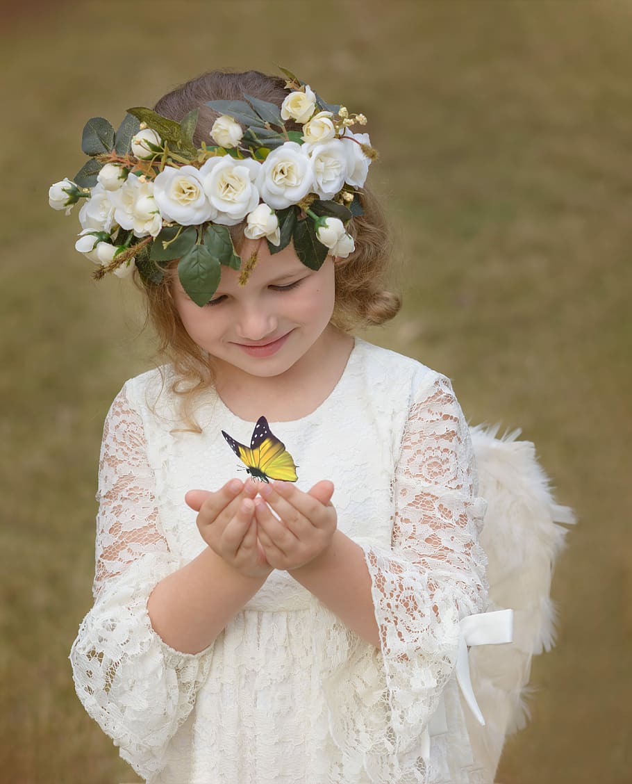 yellow, black, butterfly perching, girl, wearing, angel costume hands, flower crown, child, beautiful, flower