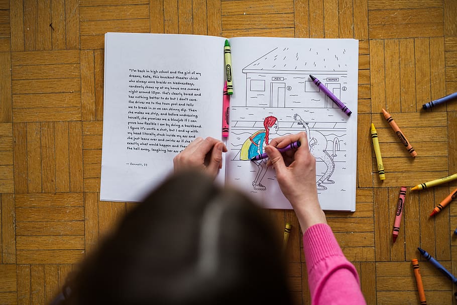girl coloring, book, girl, kid, coloring, colors, art, crayons, paper, colorful