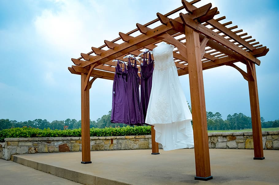 wedding, dresses, bridesmaids, sky, hanging, nature, cloud - sky, day, wood - material, architecture