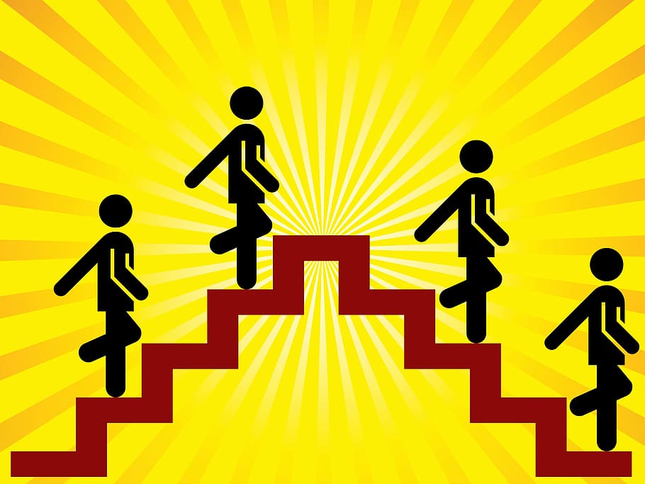 четыре, человек, гулять пешком, Иллюстрация лестницы, Графика, Концепция, Успех, Успешный, лестница, подъем