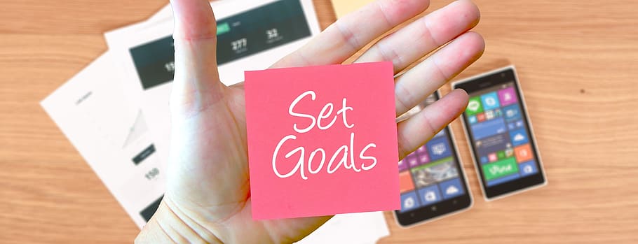 set, goals signage, human, palm, goals, setting, office, work, note, hand writting