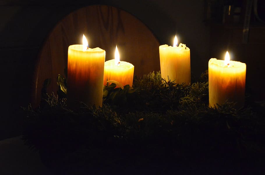 four, lighted, pillar candles, advent wreath, advent, candles, christmas, candlelight, light, december