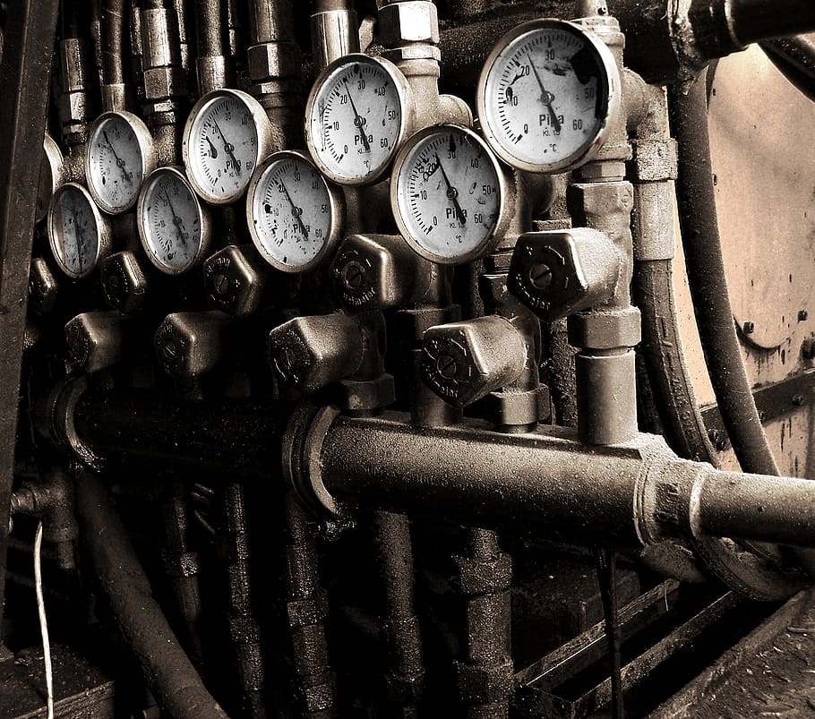 photography, pressure, gauges, meters, armatures, pipes, factory, equipment, industry, industrial