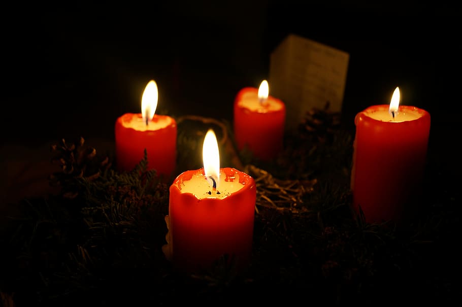 cuatro, rojo, velas de pilar, corona de adviento, velas, adviento, diciembre, invierno, luces, tiempo de navidad