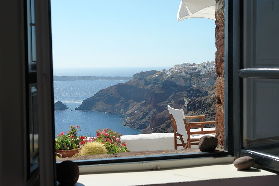 white, framed, window, brown, armchair, santorini, view, architecture, greece, greek