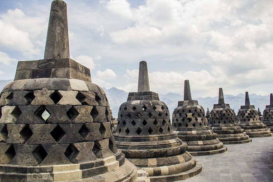 architectural, photography, concrete, bells, borobudur, candi, stupa, temple, java, indonesia