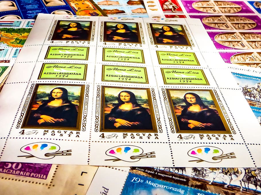 stamp, postal, collection, mona lisa, hungarian, hobby, stamps, old, retro, indoors