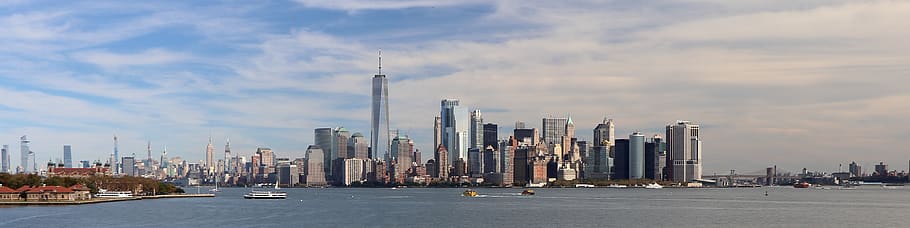 usa, new york, manhattan, skyscrapers, skyline, panoramic, downtown, banner, architecture, building exterior