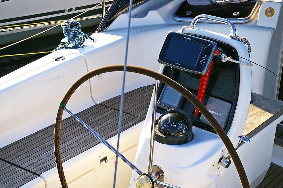 sailing boat, steering wheel, control, ship, seafaring, sailing vessel, speedometer, helm, port, compass