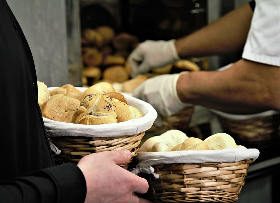 man, holding, basket, bread, inside, bakeshop, pastry, bake, shop, hand