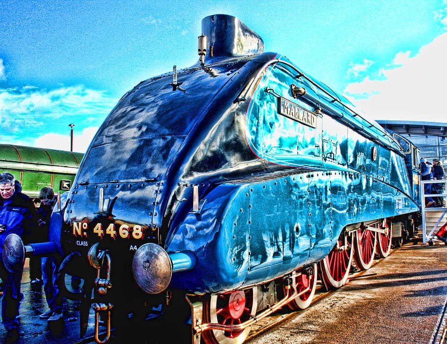 locomotive, mallard, engine, steam, speed, world record, shildon, blue, railways, platform