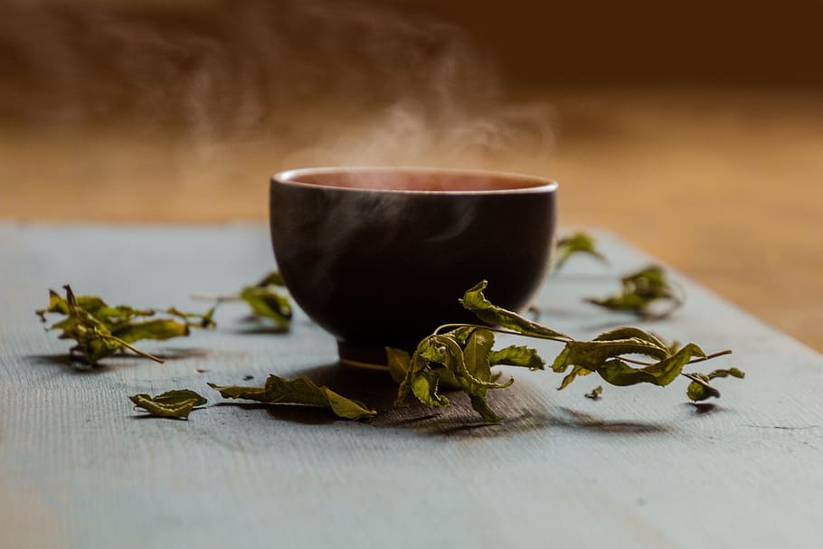black, ceramic, bowl, surrounded, herbns, tee, teacup, green tea, steam, hot tea