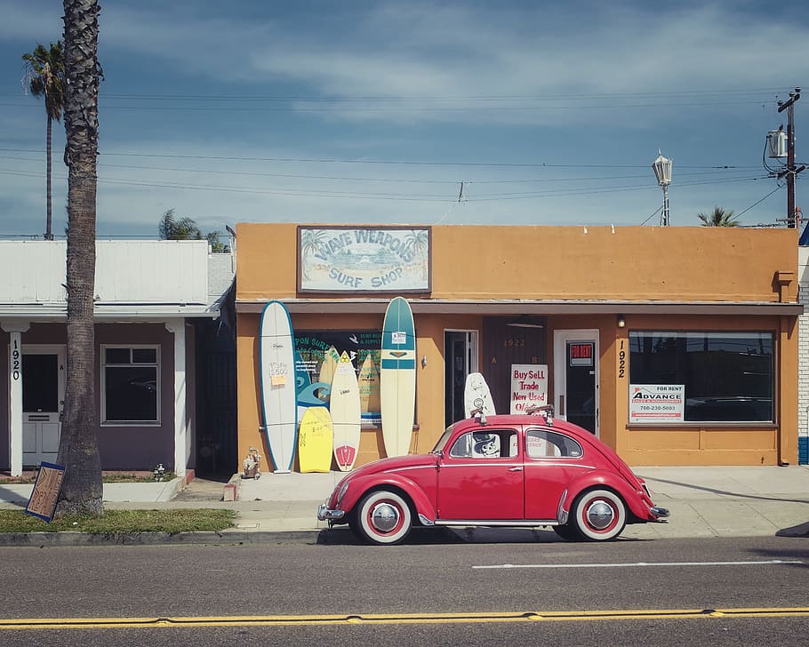 red, volkswagen beetle, road, store, daytime, vw beetle, surf shop, california, classic car, surfboards