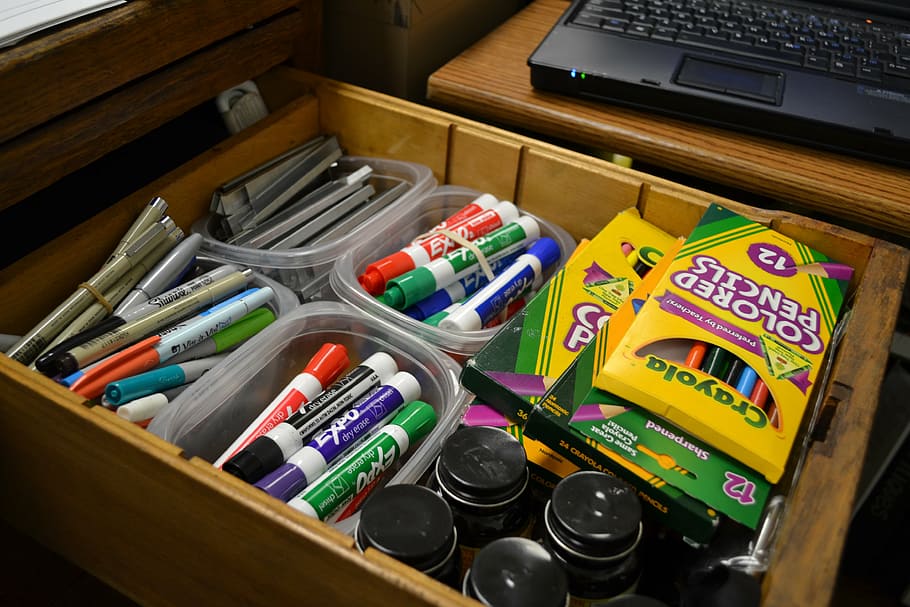 assorted, school supplies, box, felt pens, drawer, supplies, art, classroom, drawing, object