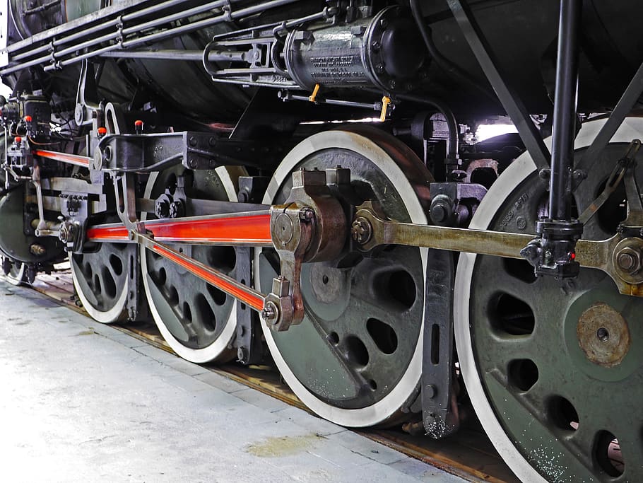 locomotiva a vapor, dirigir, chassi, haste da unidade, bielas, rodas de caixa aberta, locomotiva, historicamente, tecnologia, ferrovia