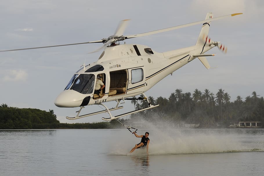 esquí acuático, helicóptero, extremo, deporte, diversión, rápido, esquiador, verano, lago, agua
