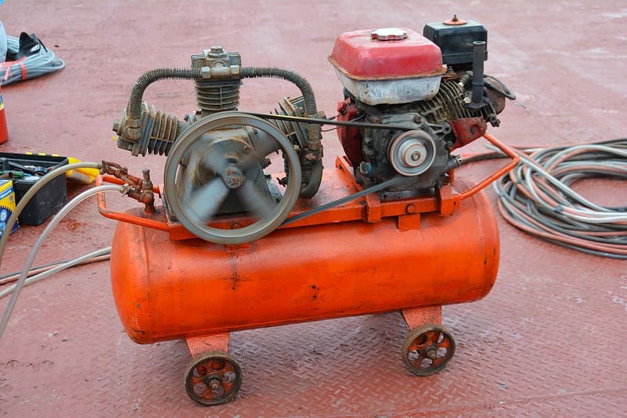 compresor de aire naranja, generador, compresor, equipo, presión, máquina, ingeniería, motor, tubería, planta