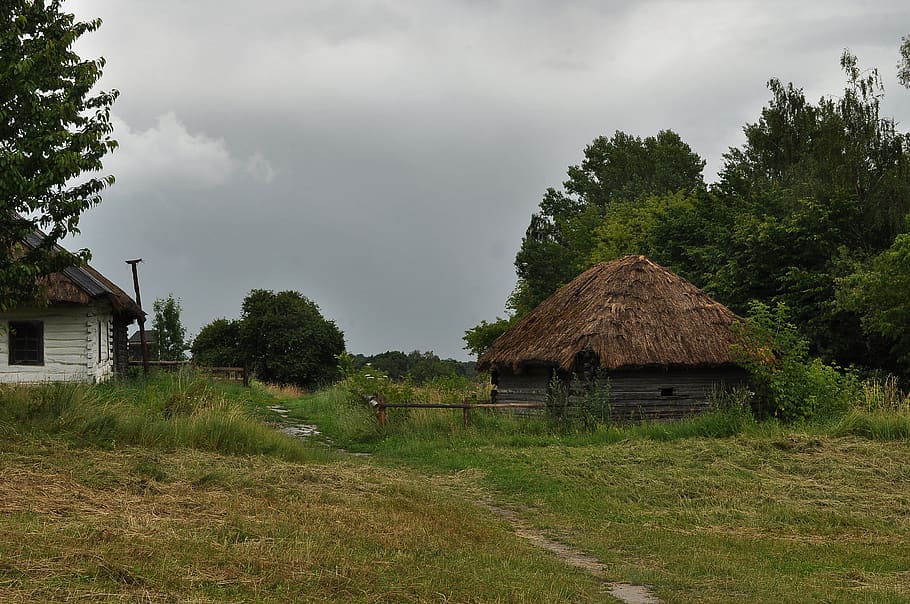 hut, house, pirogovo, kiev, museum, village, landscape, clouds, rain, grey