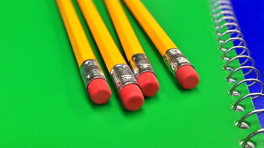 four, yellow, pencils, green, spiral notebook, pencil, notebook, school, paper, education