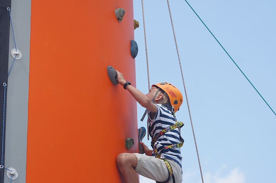 climbing, child, safety, climbing sports, sport, climbing for children, one person, childhood, helmet, boys