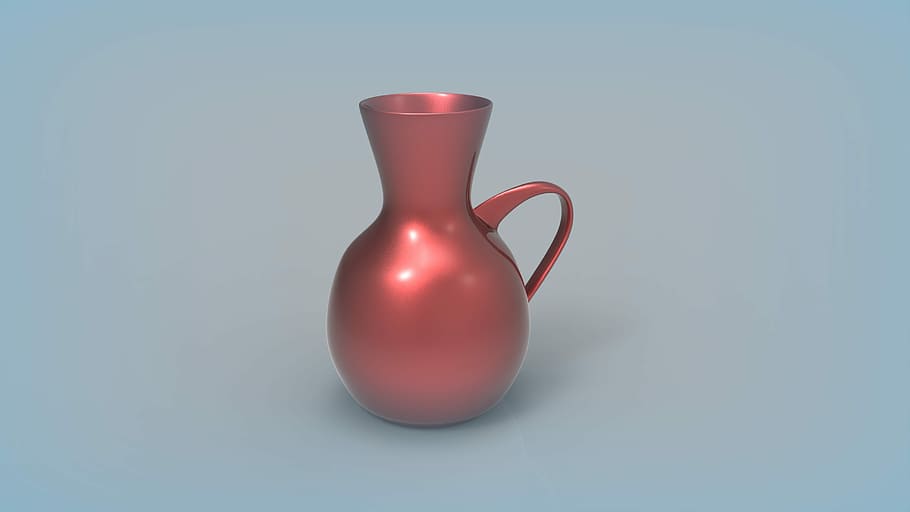 vase with handle, tableware, decorative tableware, vase, studio shot, indoors, blue, blue background, red, colored background