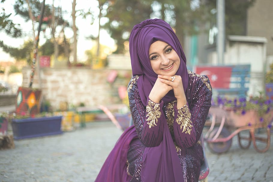 woman, wearing, purple, hijab, abaya photo, beautiful, bride, dress, fashion, girl
