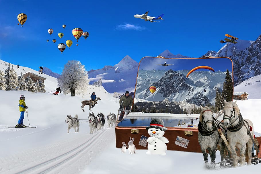 man riding ski, holiday, leisure, snow, winter, cold, mountain, luggage, travel, holidays