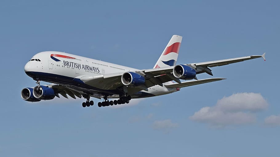 avión de British Airways, aire, Airbus, aterrizaje, British Airways, aeropuerto, avión, aviación, transporte, vuelo