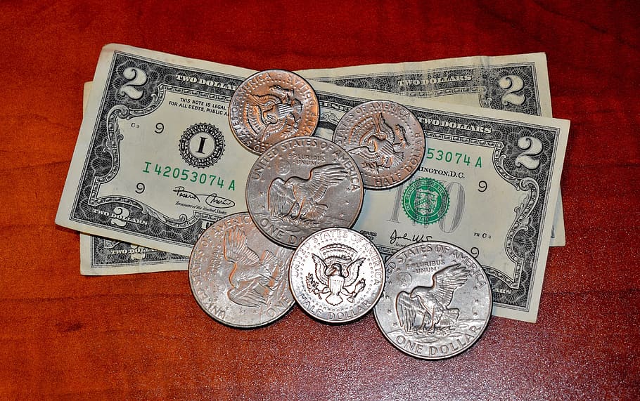 お金, 現金, 米ドル, 2ドル札, 半ドル, ドル硬貨, シルバードル, 非流通, 通貨, 古いお金