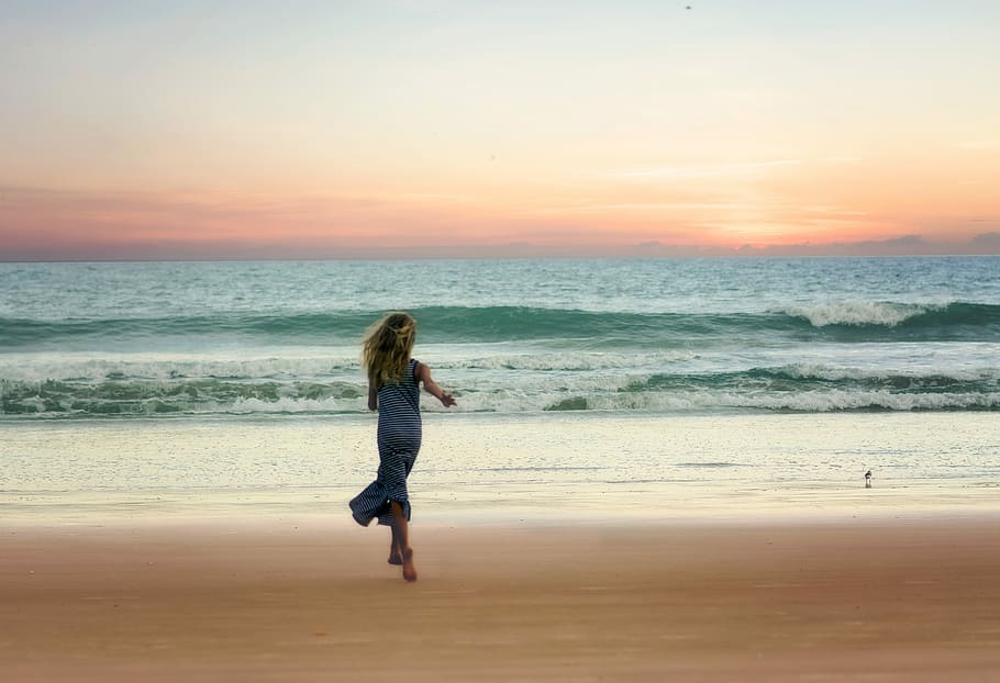 woman, wearing, blue, dress, seashore, sunset, gray, shore, girl, beach