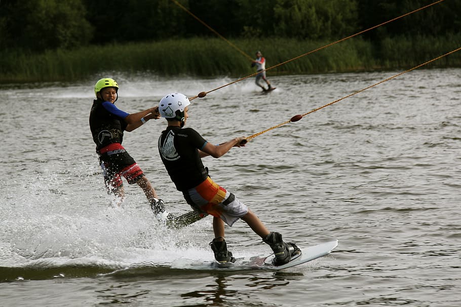 men riding wakeboard, water, lake, water sports, waterskiing, water skiing, amber lake, ribnitz ut, motion, leisure activity