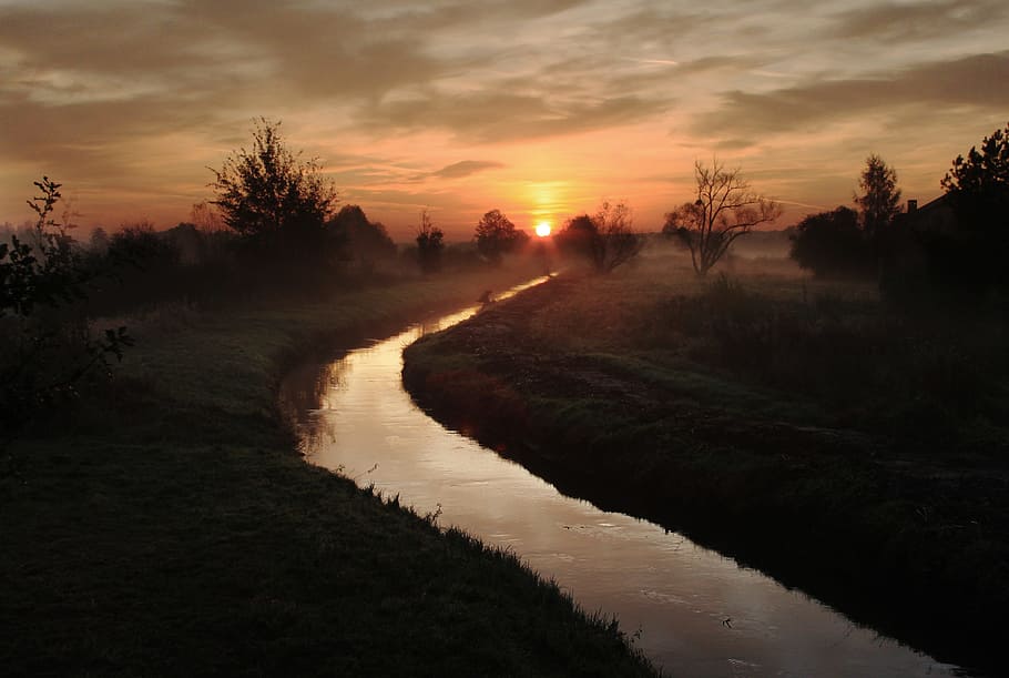 river, trees, sunset, east, sunrise, landscape, in the morning, morning, fog, view