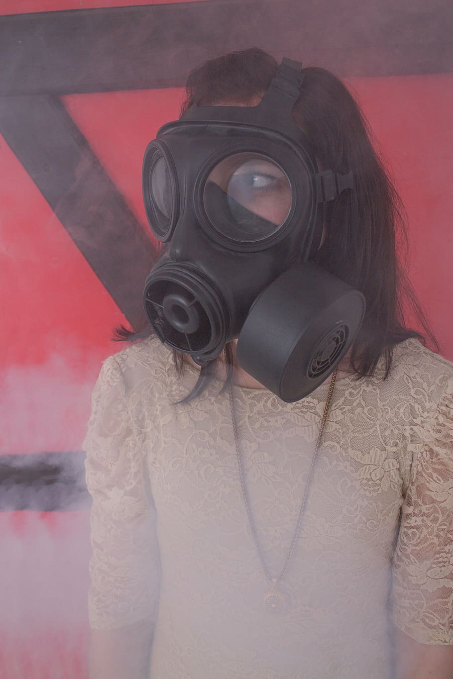 woman, wearing, gas mask, girl, dress, smoke, fog, abc-attack, chemical weapons, biological weapons