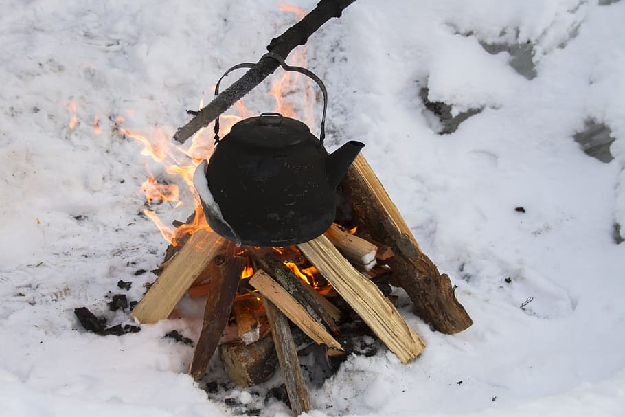 black kettle, winter, fire, campfire, tea kettles, cook, snow, husky tour, cold temperature, nature