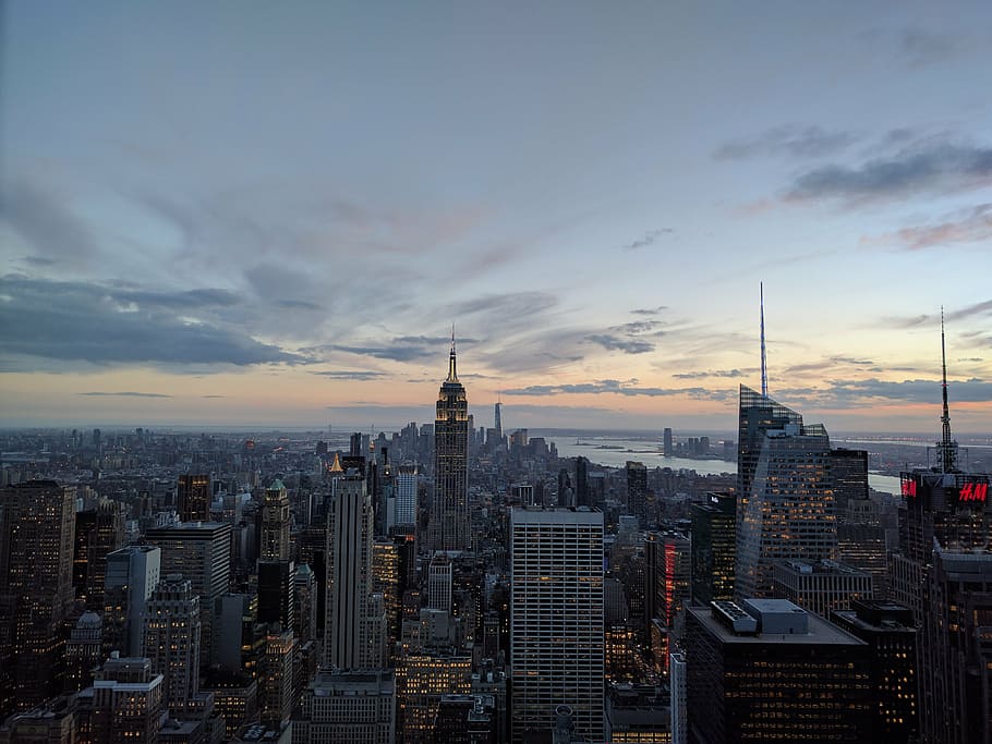 wide, angle photo, buildings, cloudy, sky, new york, nyc, manhattan, cityscape, city